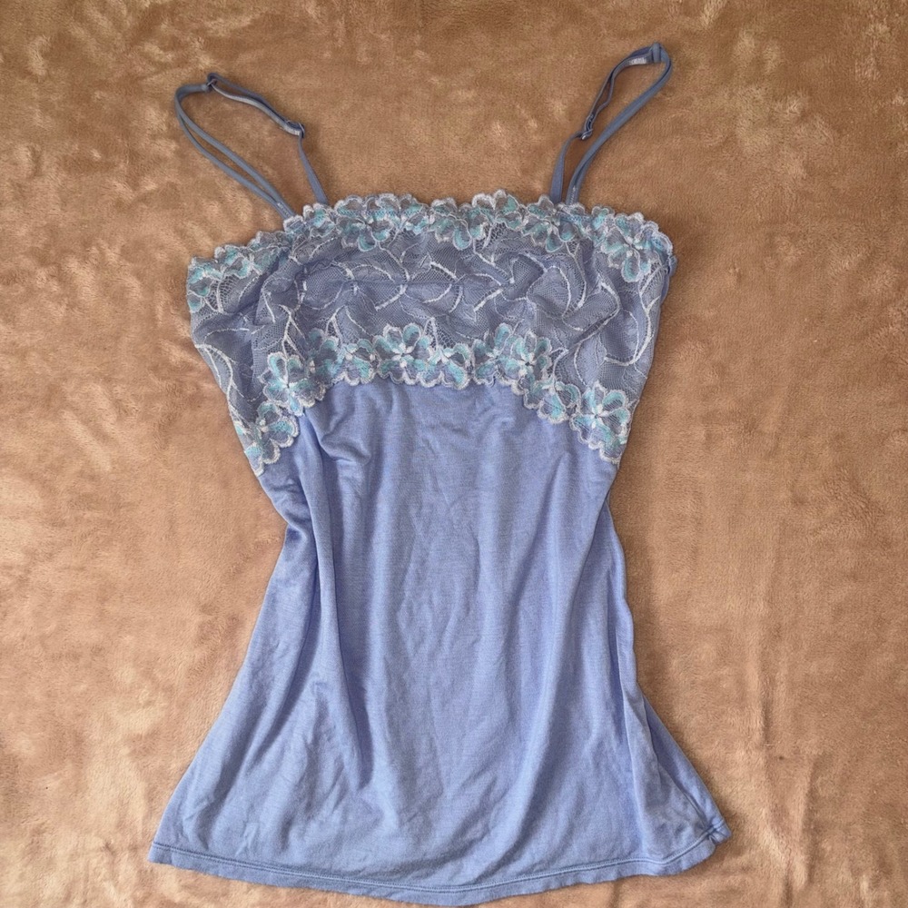 Fairycore Vintage Blue Camisole Adjustable Straps Floral Scalloped Tank Small